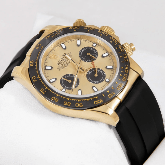 Rolex – Chronograph 40mm Yellow Gold Watch | Ceramic Bezel, Gold Dial & Black Rubber Strap | Master AAA – Horizon Wrist - Horizon Wrist