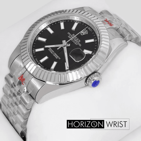 Rolex – 41mm Silver Automatic Watch | Black Dial & Fluted Bezel | Master AAA – Horizon Wrist - Horizon Wrist