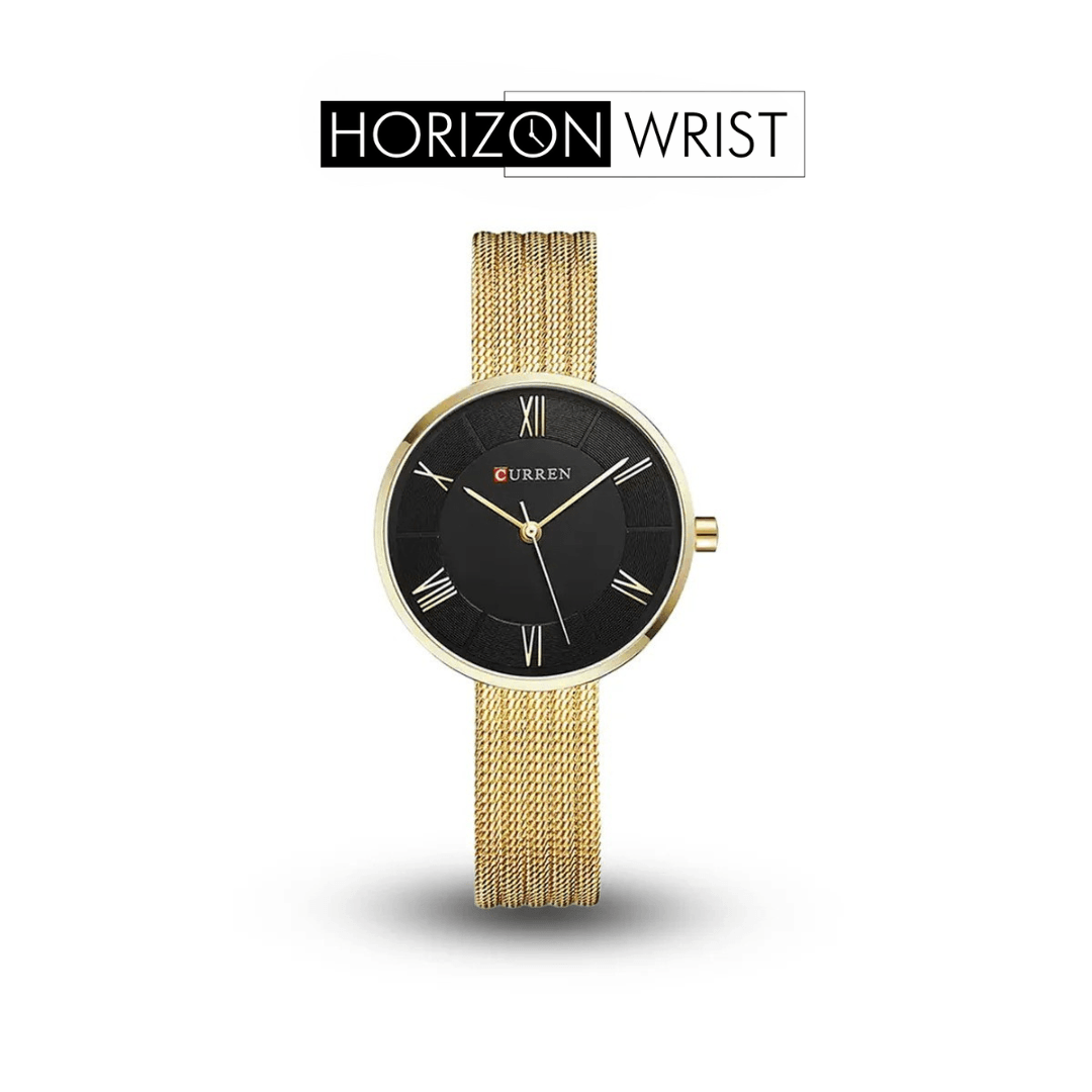 Black Dial Women's Watch – Gold Stainless Steel Strap - Horizon Wrist