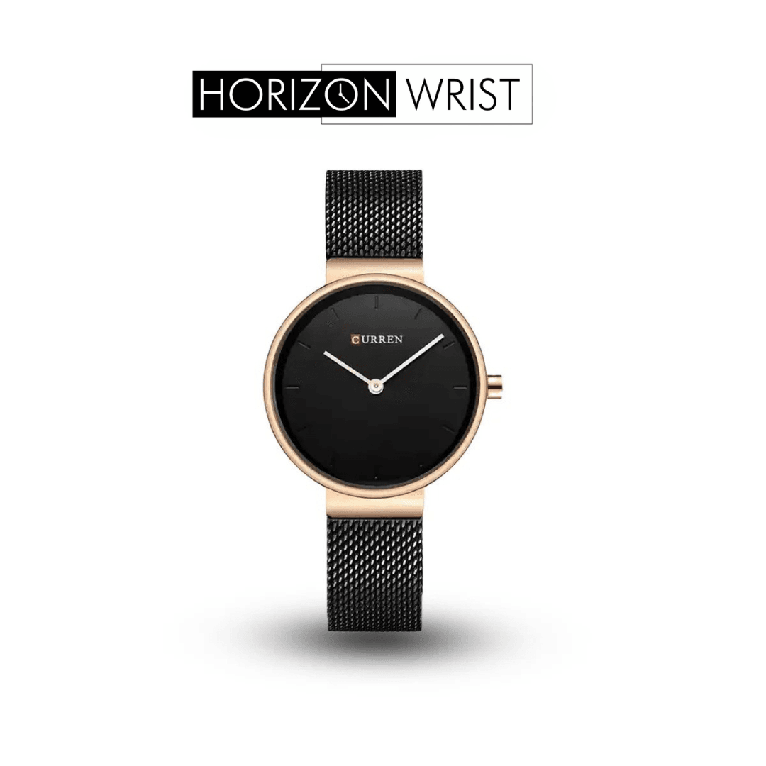 Black Dial Women's Quartz Watch – Sleek Stainless Steel Design - Horizon Wrist