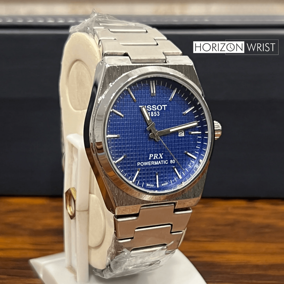 Bold Blue Dial Men's Watch – Silver Stainless Steel Bracelet - Horizon Wrist