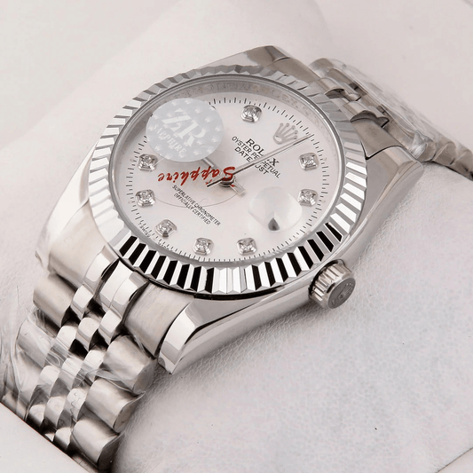 Rolex – 36mm Silver Automatic Watch | White Dial with Stone Index | Master AAA – Horizon Wrist - Horizon Wrist