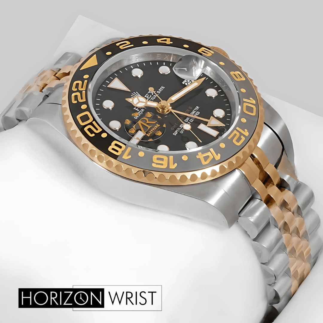 Rolex – GMT 40mm Two Tone Edition | Yellow Gold with Black Dial & Bezel | Master AAA - Horizon Wrist