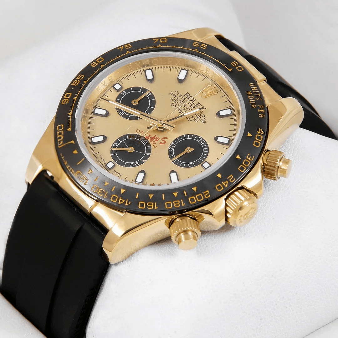 Rolex – Chronograph 40mm Yellow Gold Watch | Ceramic Bezel, Gold Dial & Black Rubber Strap | Master AAA – Horizon Wrist - Horizon Wrist