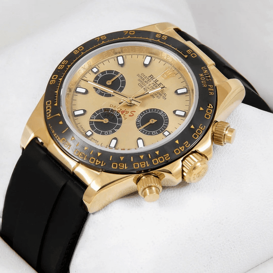 Rolex – Chronograph 40mm Yellow Gold Watch | Ceramic Bezel, Gold Dial & Black Rubber Strap | Master AAA – Horizon Wrist - Horizon Wrist