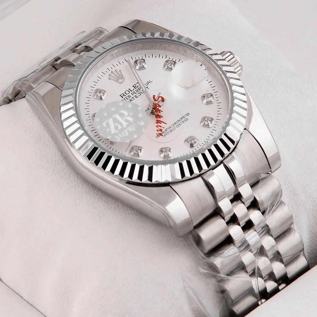 Rolex – 36mm Silver Automatic Watch | White Dial with Stone Index | Master AAA – Horizon Wrist - Horizon Wrist