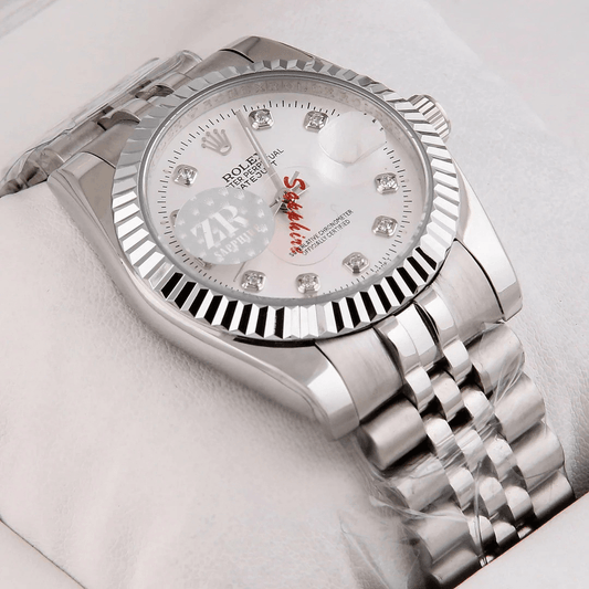 Rolex – 36mm Silver Automatic Watch | White Dial with Stone Index | Master AAA – Horizon Wrist - Horizon Wrist
