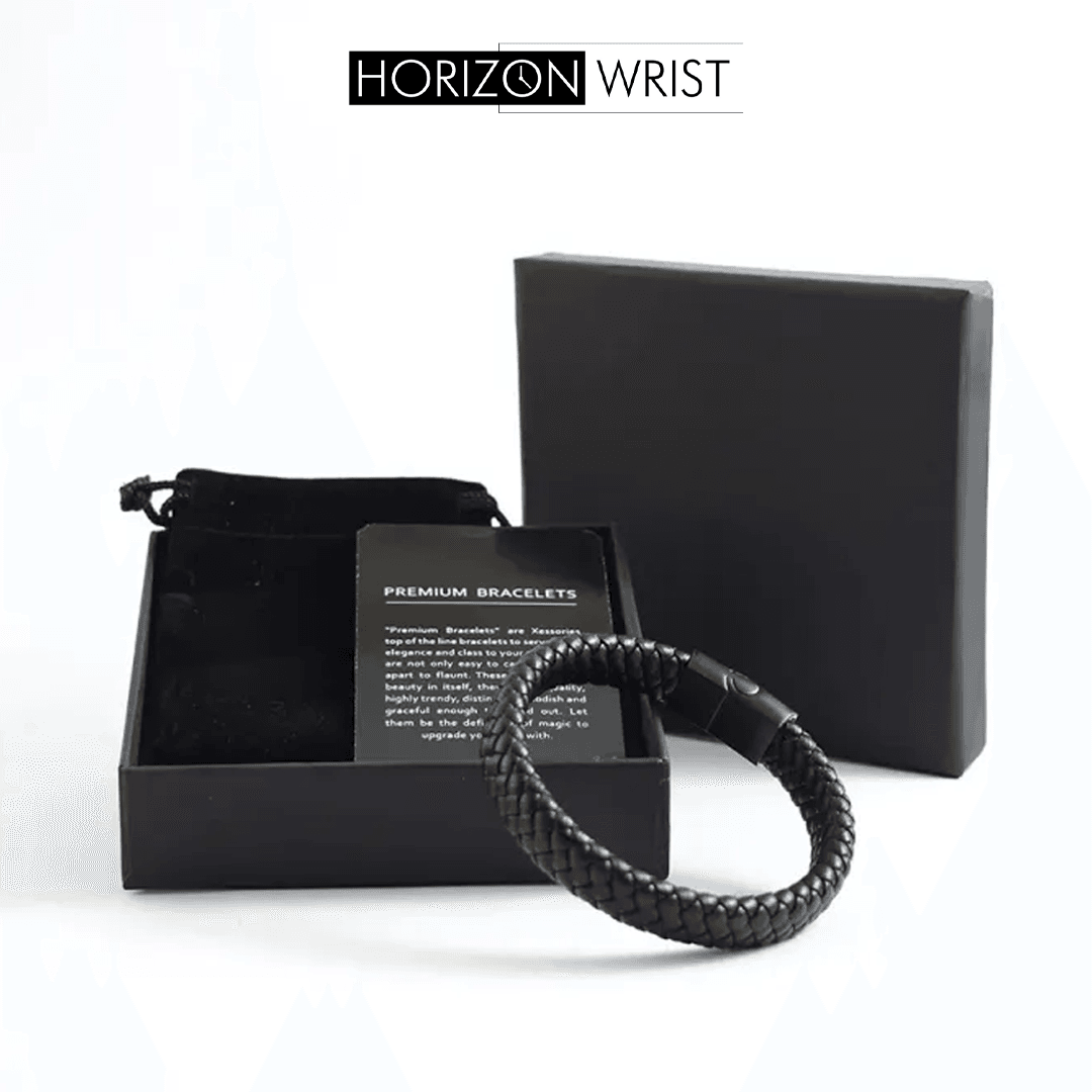Premium Leather Braided Bracelet – Black | Magnetic Lock | Unisex Style - Horizon Wrist