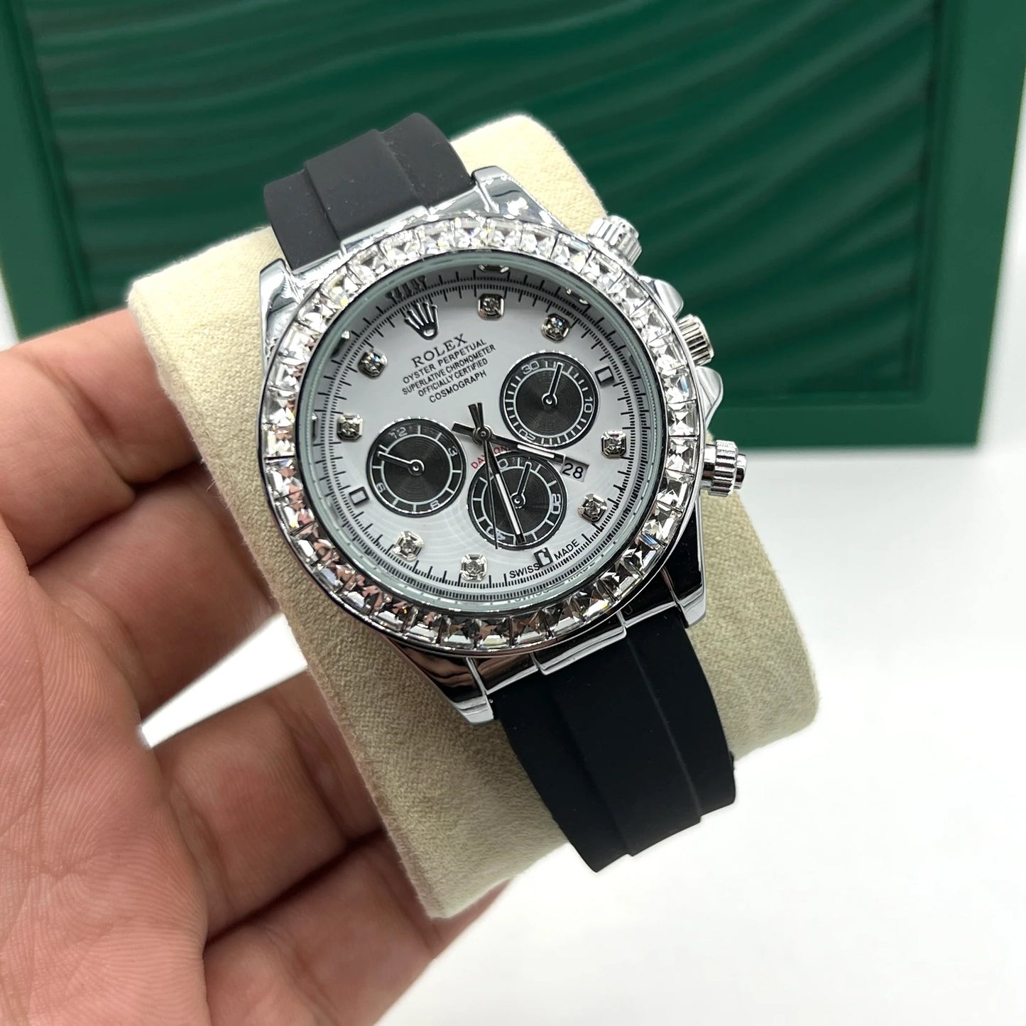 "Luxury Rolex-Inspired Watch – Stone Bezel, Rubber Strap & Quartz Movement | Horizon Wrist.Store"