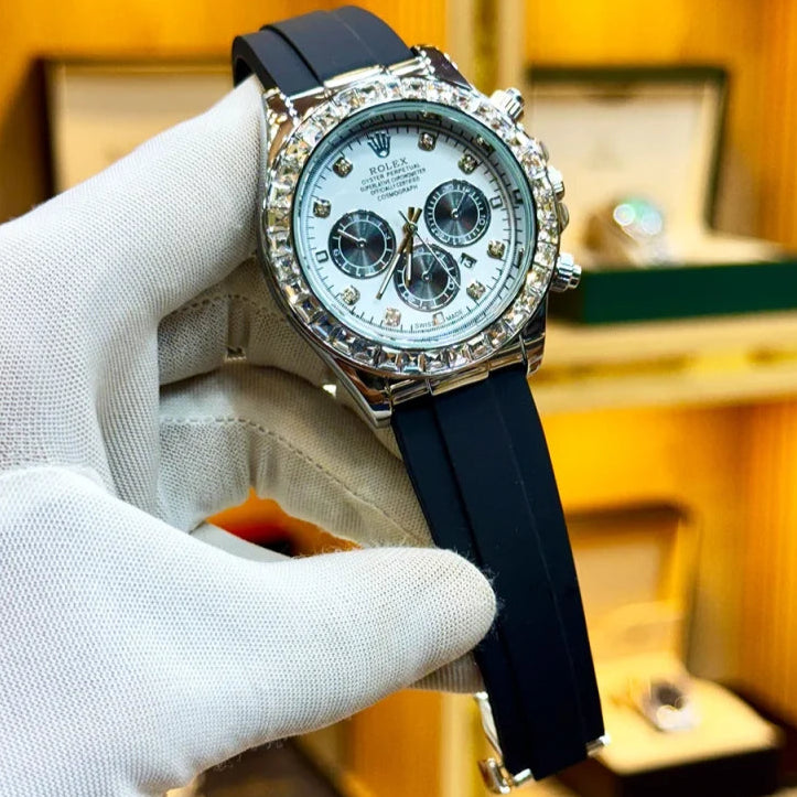 "Luxury Rolex-Inspired Watch – Stone Bezel, Rubber Strap & Quartz Movement | Horizon Wrist.Store"