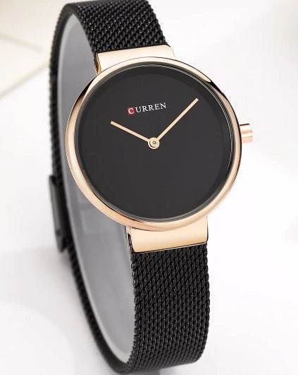 Black Dial Women's Quartz Watch – Sleek Stainless Steel Design - Horizon Wrist