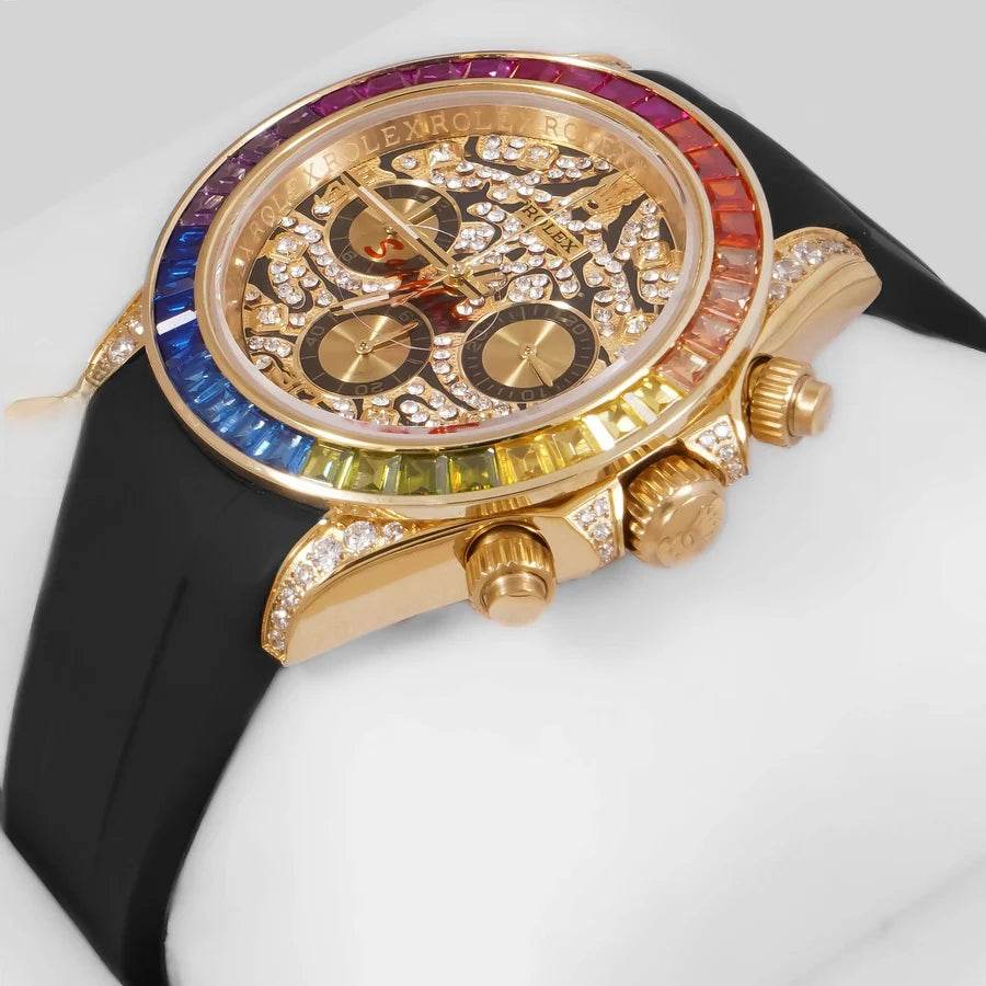 Rolex – Chronograph 40mm Yellow Gold Watch | Rainbow Stone Bezel & Dial | Master AAA – Horizon Wrist - Horizon Wrist