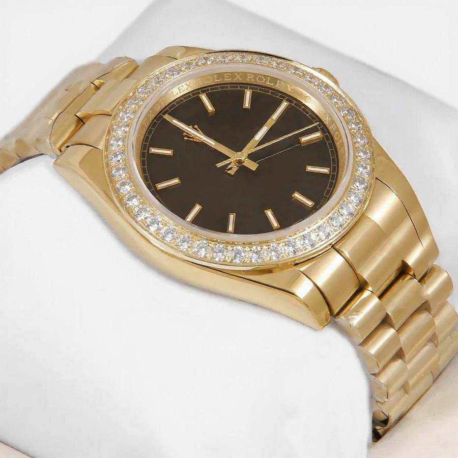 Rolex – 40mm Yellow Gold Automatic Watch | Black Dial with Stone Bezel | Master AAA – Horizon Wrist - Horizon Wrist