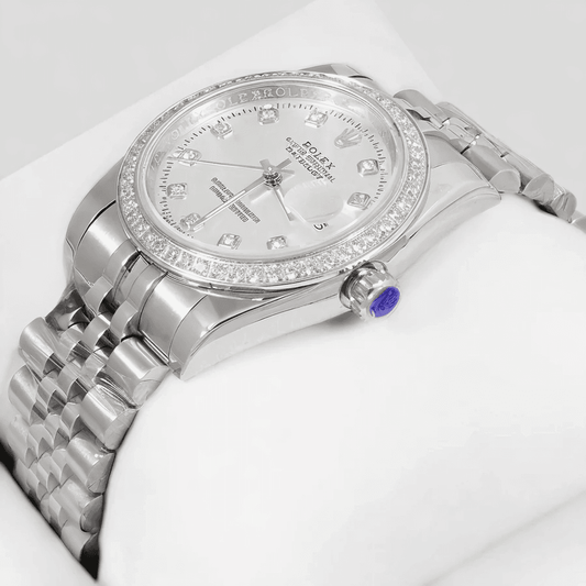 Rolex – 36mm All-Silver Automatic Watch | Full Stone Bezel & Dial | Master AAA – Horizon Wrist - Horizon Wrist
