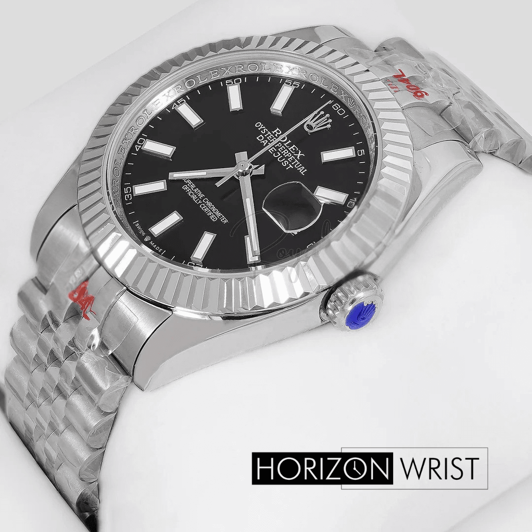 Rolex – 41mm Silver Automatic Watch | Black Dial & Fluted Bezel | Master AAA – Horizon Wrist - Horizon Wrist 