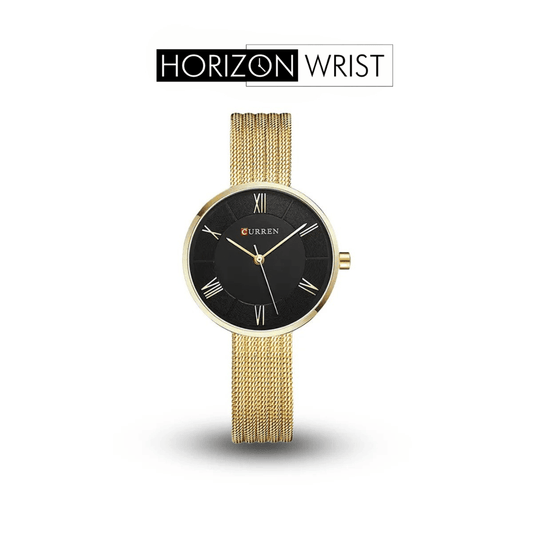 Black Dial Women's Watch – Gold Stainless Steel Strap - Horizon Wrist 