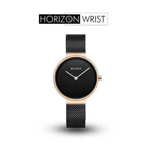 Black Dial Women's Quartz Watch – Sleek Stainless Steel Design - Horizon Wrist 