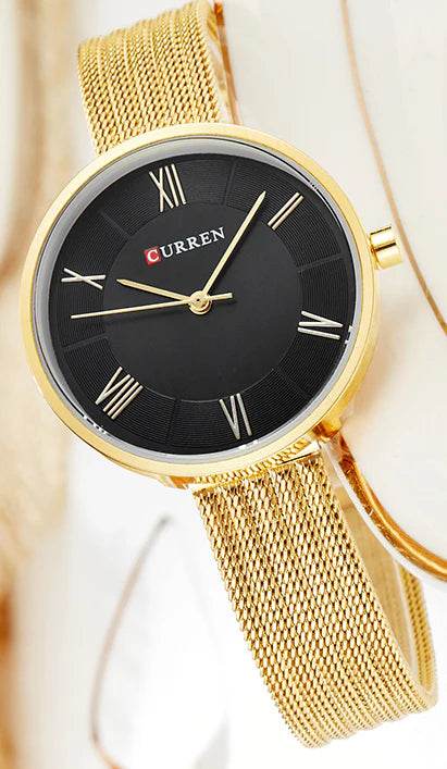 Black Dial Women's Watch – Gold Stainless Steel Strap - Horizon Wrist 