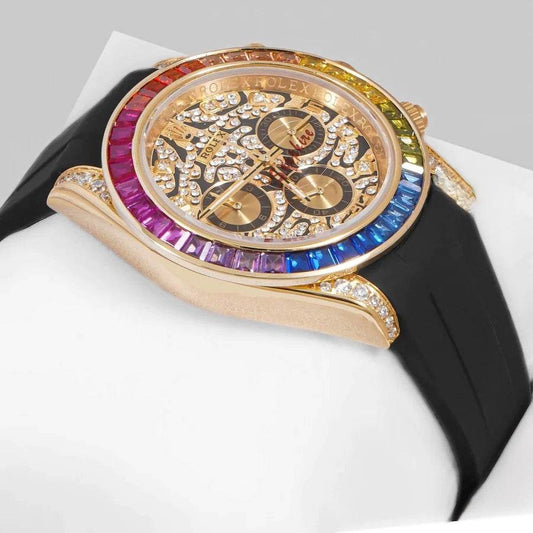 Rolex – Chronograph 40mm Yellow Gold Watch | Rainbow Stone Bezel & Dial | Master AAA – Horizon Wrist - Horizon Wrist