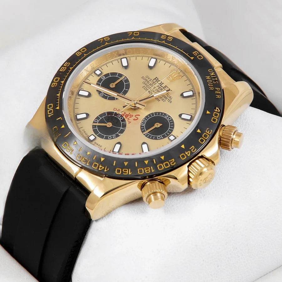 Rolex – Chronograph 40mm Yellow Gold Watch | Ceramic Bezel, Gold Dial & Black Rubber Strap | Master AAA – Horizon Wrist - Horizon Wrist 