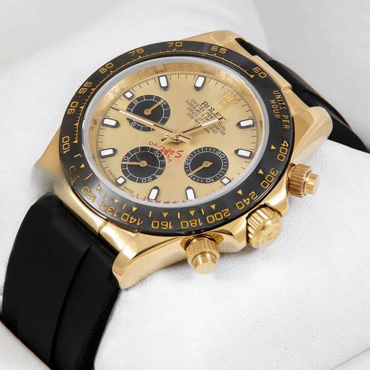 Rolex – Chronograph 40mm Yellow Gold Watch | Ceramic Bezel, Gold Dial & Black Rubber Strap | Master AAA – Horizon Wrist - Horizon Wrist 