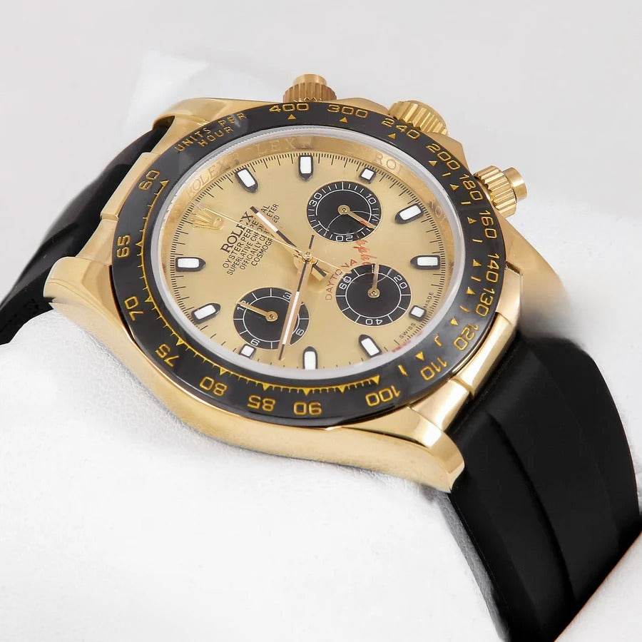 Rolex – Chronograph 40mm Yellow Gold Watch | Ceramic Bezel, Gold Dial & Black Rubber Strap | Master AAA – Horizon Wrist - Horizon Wrist 