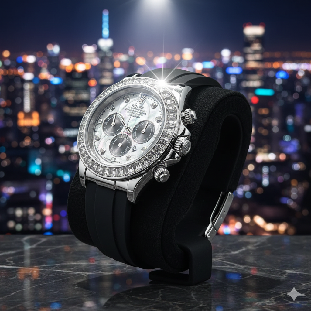 "Luxury Rolex-Inspired Watch – Stone Bezel, Rubber Strap & Quartz Movement | Horizon Wrist.Store"