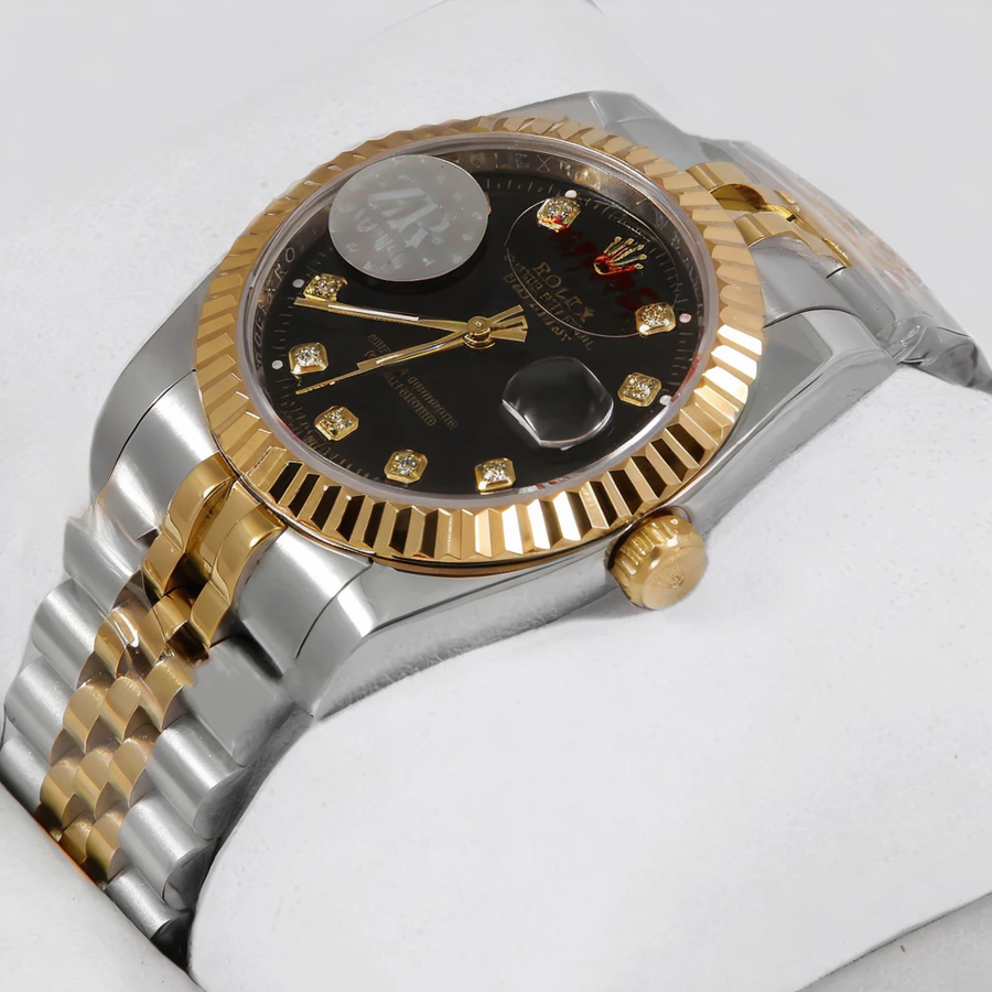 "Rolex Look. Horizon Finish. – Gold & Silver Brilliance with a Black Stone Dial (36mm)"