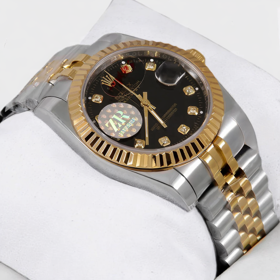"Rolex Look. Horizon Finish. – Gold & Silver Brilliance with a Black Stone Dial (36mm)"