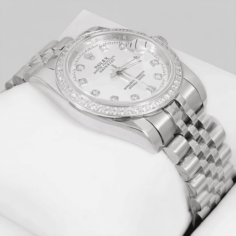 Rolex – 36mm All-Silver Automatic Watch | Full Stone Bezel & Dial | Master AAA – Horizon Wrist - Horizon Wrist 