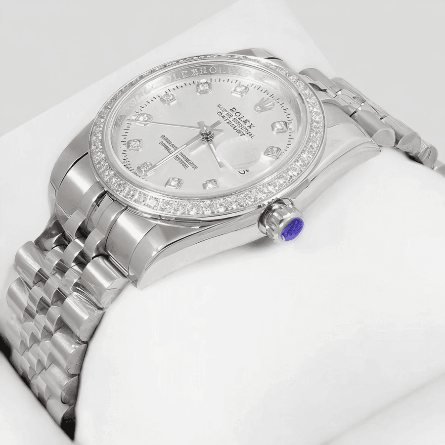 Rolex – 36mm All-Silver Automatic Watch | Full Stone Bezel & Dial | Master AAA – Horizon Wrist - Horizon Wrist 